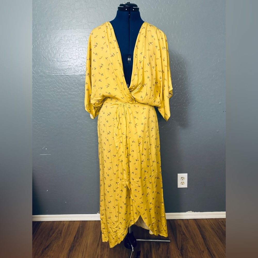 Lezat Yellow Floral Faux Wrap Dress